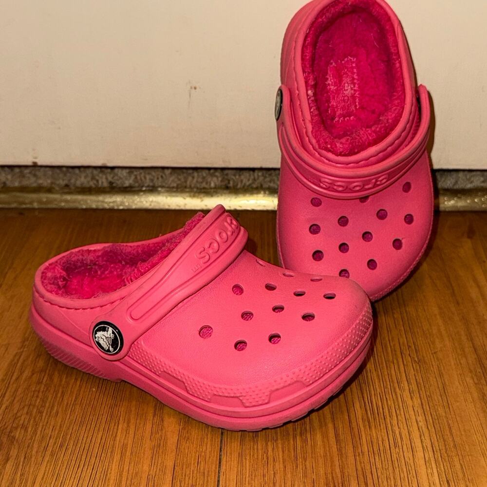 Crocs Classic Lined Clogs Toddler C7 Hot Pink Fuzzy Slip On Shoes